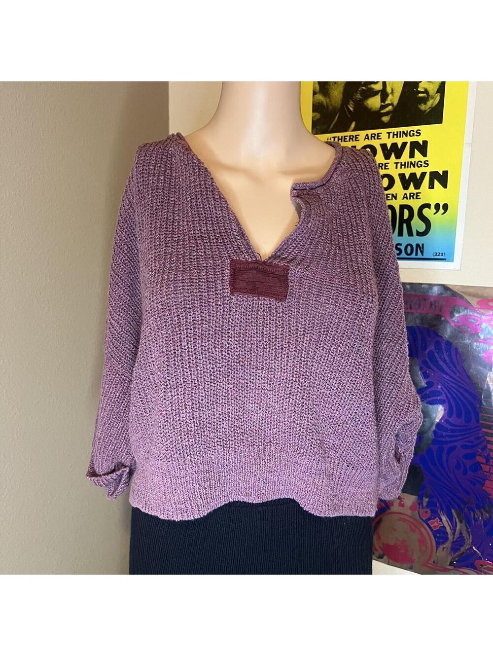 Free People Maroon Slouchy Open Knit Henley Sweater
